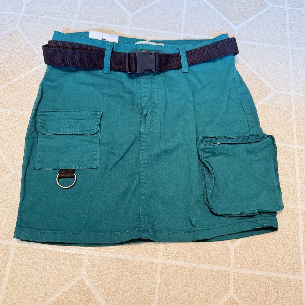 American Bazi Teal Blue Twill Cargo Mini Skirt with Belt RSK-2658 Womens Medium